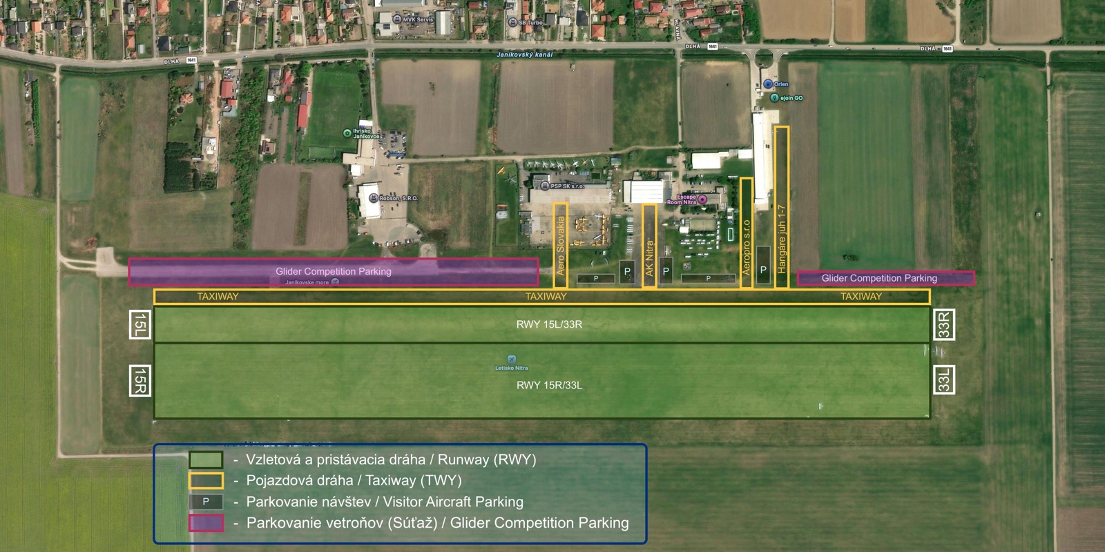 Letisko Nitra: dráhy 15L/33R a 15R/33L, žlté rolovacie dráhy, parkovanie návštev označené P a súťažné parkovanie vetroňov.
