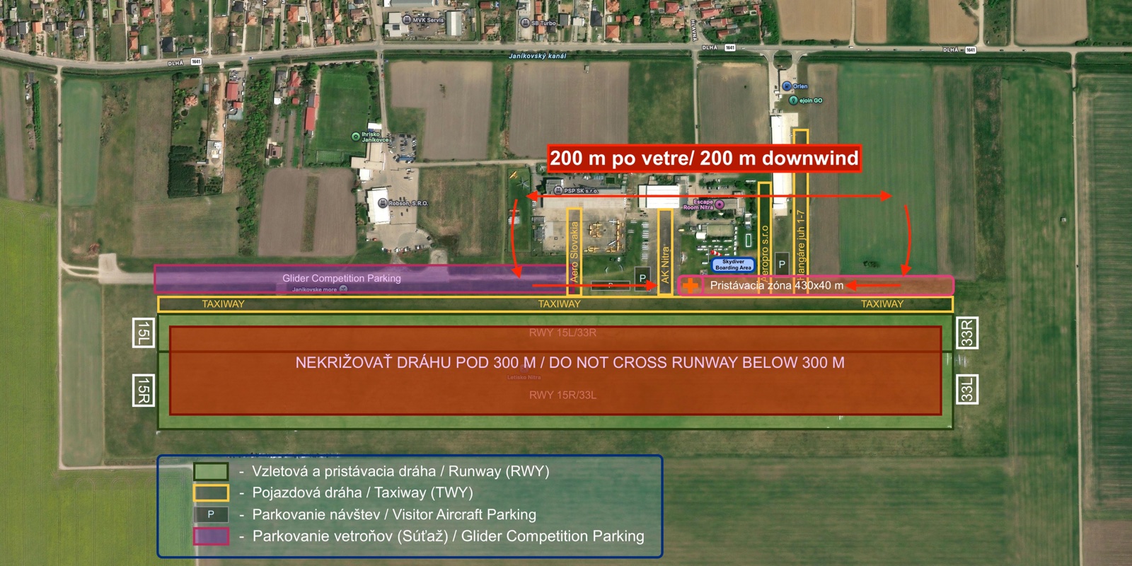 Parkovanie počas výsadkov v Nitre: stojanky návštev označené P, pristávacia zóna parašutistov 430 × 40 metrov a šípky ich priblíženia.